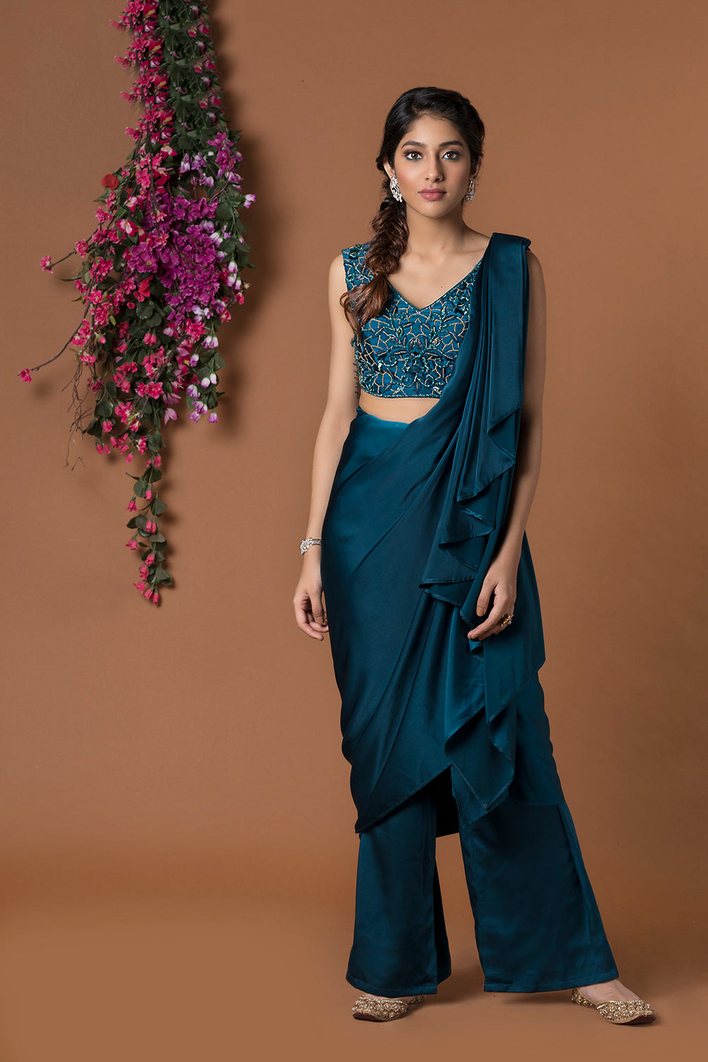 Teal Pant Sari With Belt - Auraya Fashion - Mehak Murpana - #tag1# - #tag2# - #tag3# - #tag3#