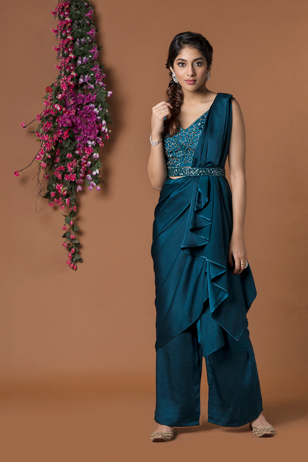 Teal Pant Sari With Belt - Auraya Fashion -  - #tag1# - #tag2# - #tag3# - #tag3#