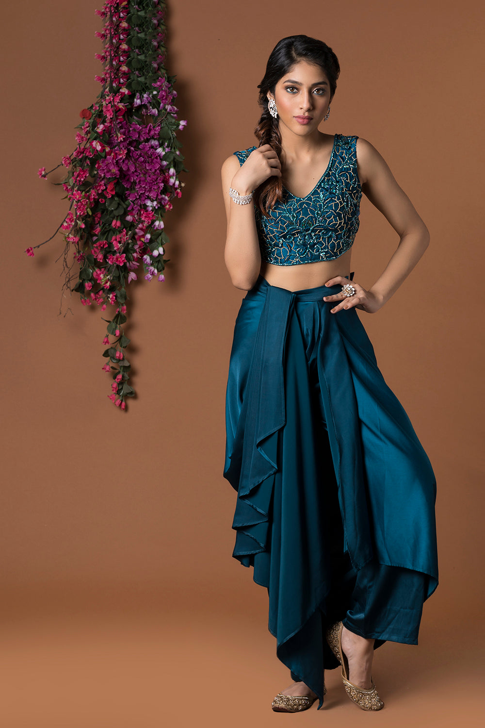 Teal Crop Top With Draped Pants Set - Auraya Fashion - Mehak Murpana - #tag1# - #tag2# - #tag3# - #tag3#