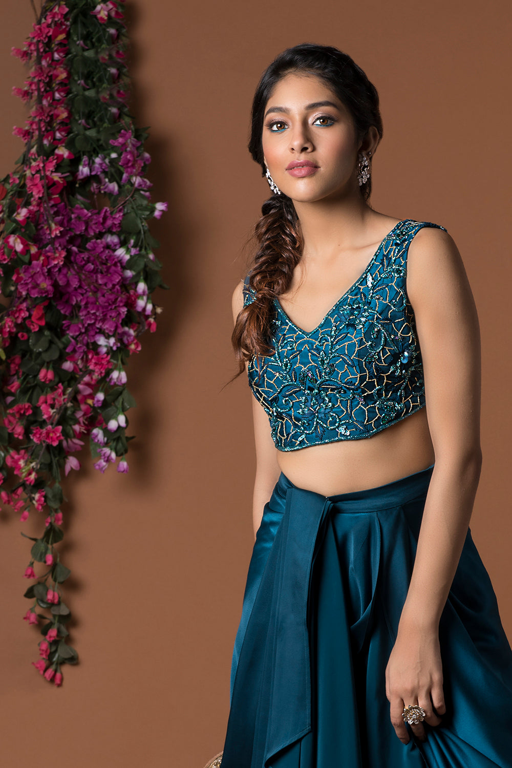 Teal Crop Top With Draped Pants Set - Auraya Fashion -  - #tag1# - #tag2# - #tag3# - #tag3#