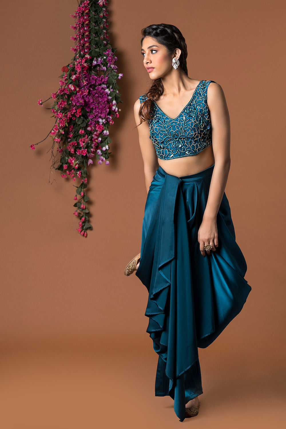 Teal Crop Top With Draped Pants Set - Auraya Fashion -  - #tag1# - #tag2# - #tag3# - #tag3#