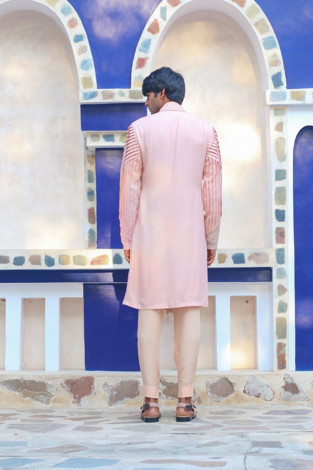 Salmon Pink Overlay Shrug With Kurta And Pants - Auraya Fashion -  - #tag1# - #tag2# - #tag3# - #tag3#