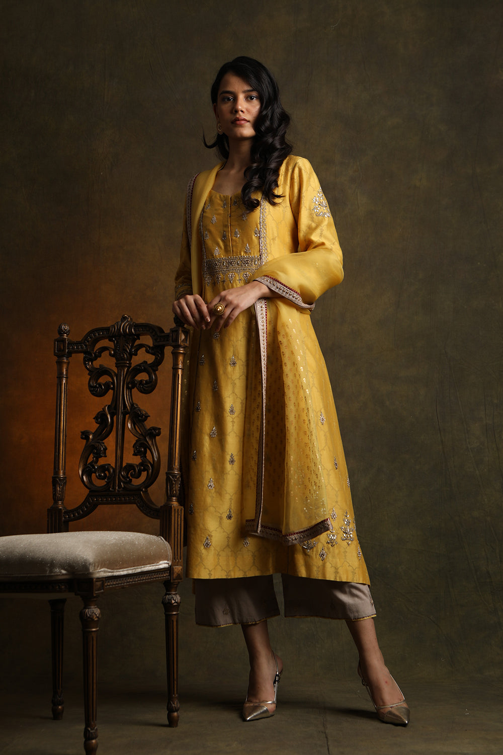 Floral Motifs Embroidered & Printed Kurta Along With Embroidered Palazzo & Dupatta (Ymn-01) - Auraya Fashion - Anju Modi - #tag1# - #tag2# - #tag3# - #tag3#