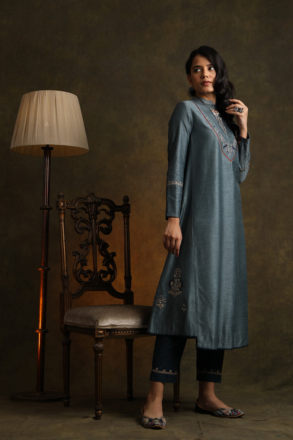 Smokey Blue Elegant Embroidered Kurta With Straight Pants (Ymn-02 ) - Auraya Fashion - Anju Modi - #tag1# - #tag2# - #tag3# - #tag3#