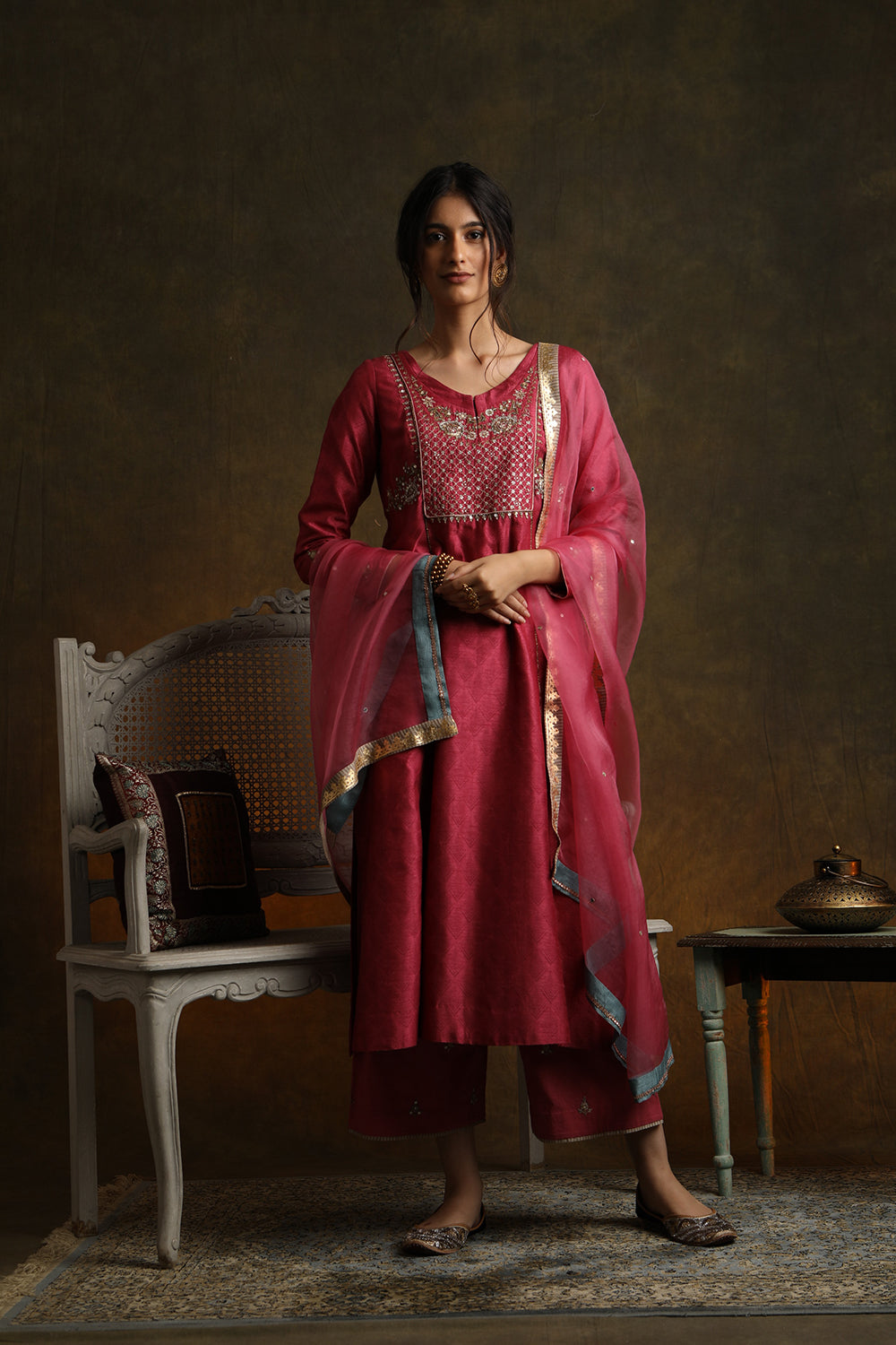 Marori Embroidered Dark Old Rose Silk Dupion Kurta (Ymn-03) - Auraya Fashion - Anju Modi - #tag1# - #tag2# - #tag3# - #tag3#