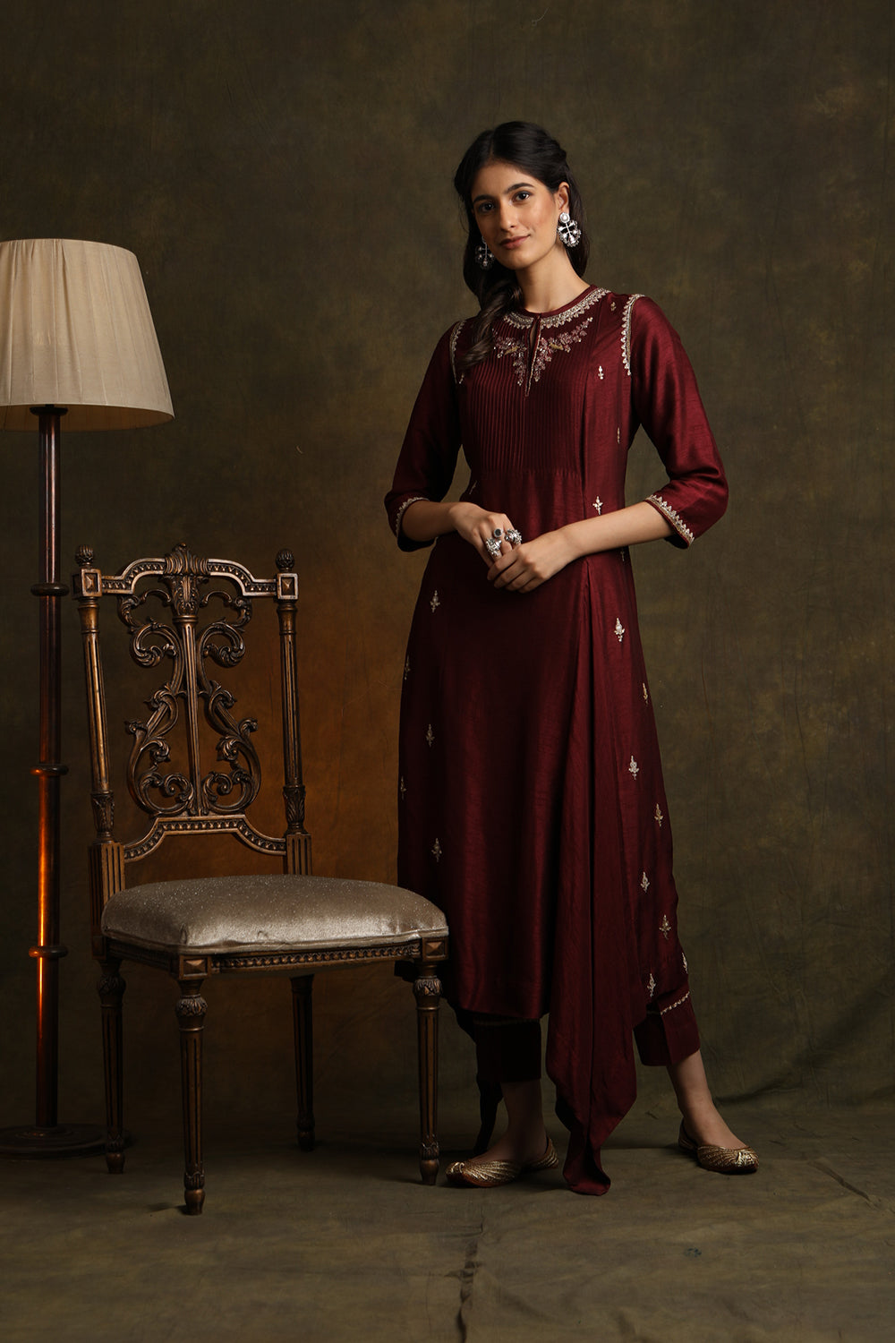 Floral Booti Embroidered Asymmetrical Pin-Tucks Kurta With Straight Pants (Ymn-05) - Auraya Fashion - Anju Modi - #tag1# - #tag2# - #tag3# - #tag3#