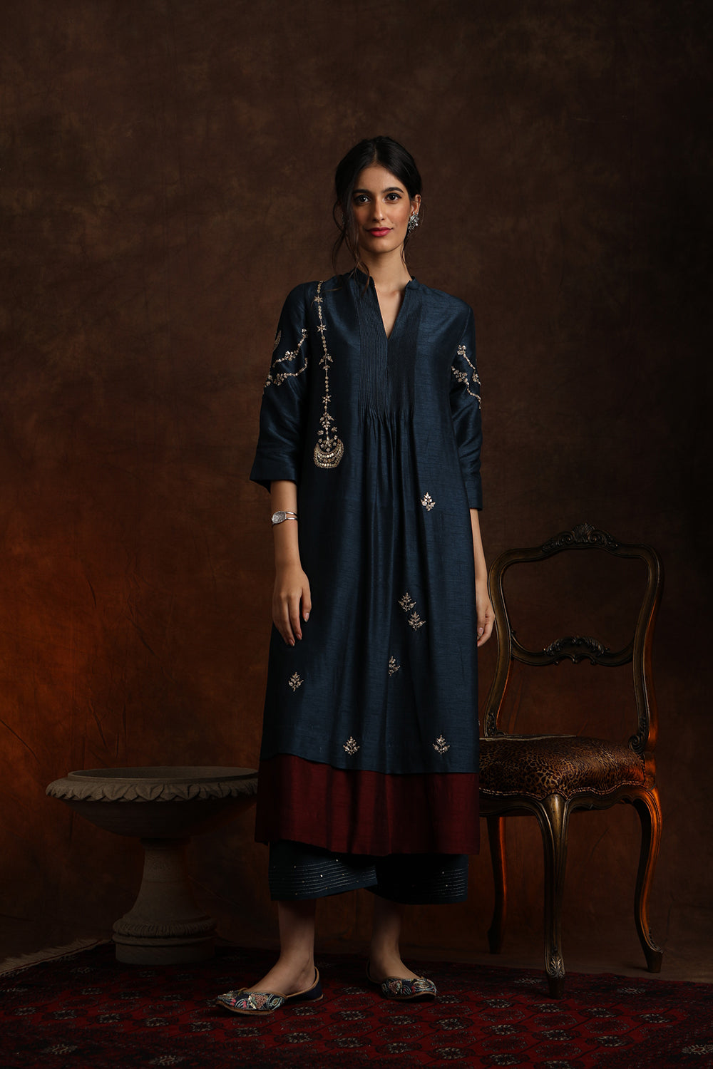 Moon Motifs Embroidery Contrast Double Layered Kurta With Palazzo (Ymn-14 ) - Auraya Fashion - Anju Modi - #tag1# - #tag2# - #tag3# - #tag3#