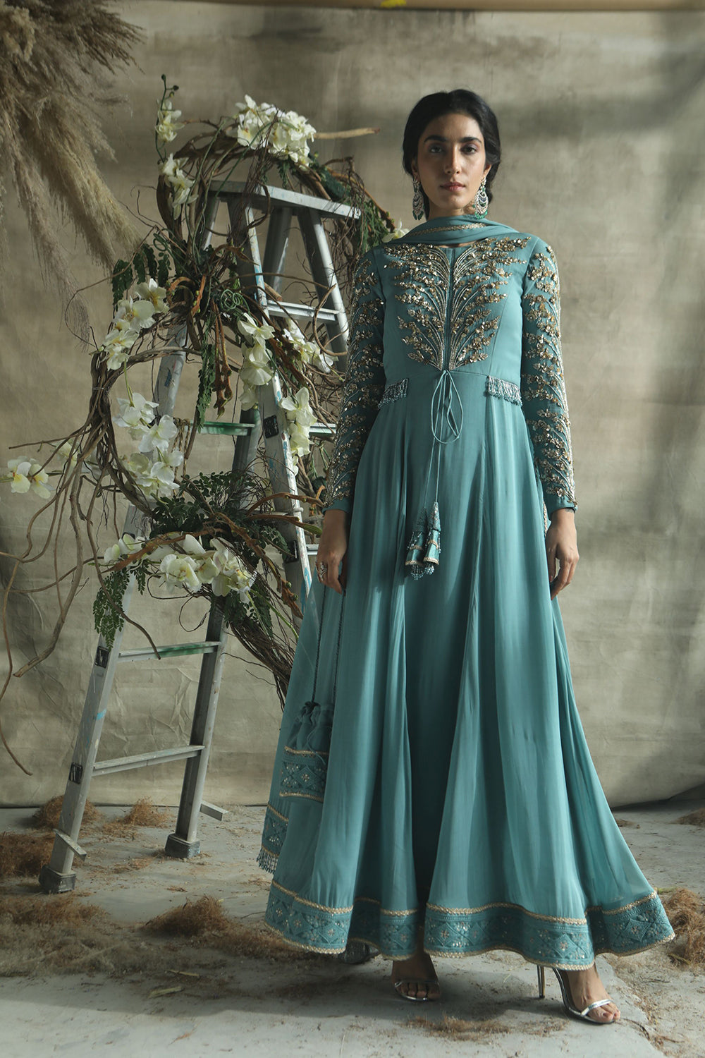 Greyish Blue Anarkali Suit With Potli And Dupatta - Auraya Fashion - Rachit Khanna - #tag1# - #tag2# - #tag3# - #tag3#