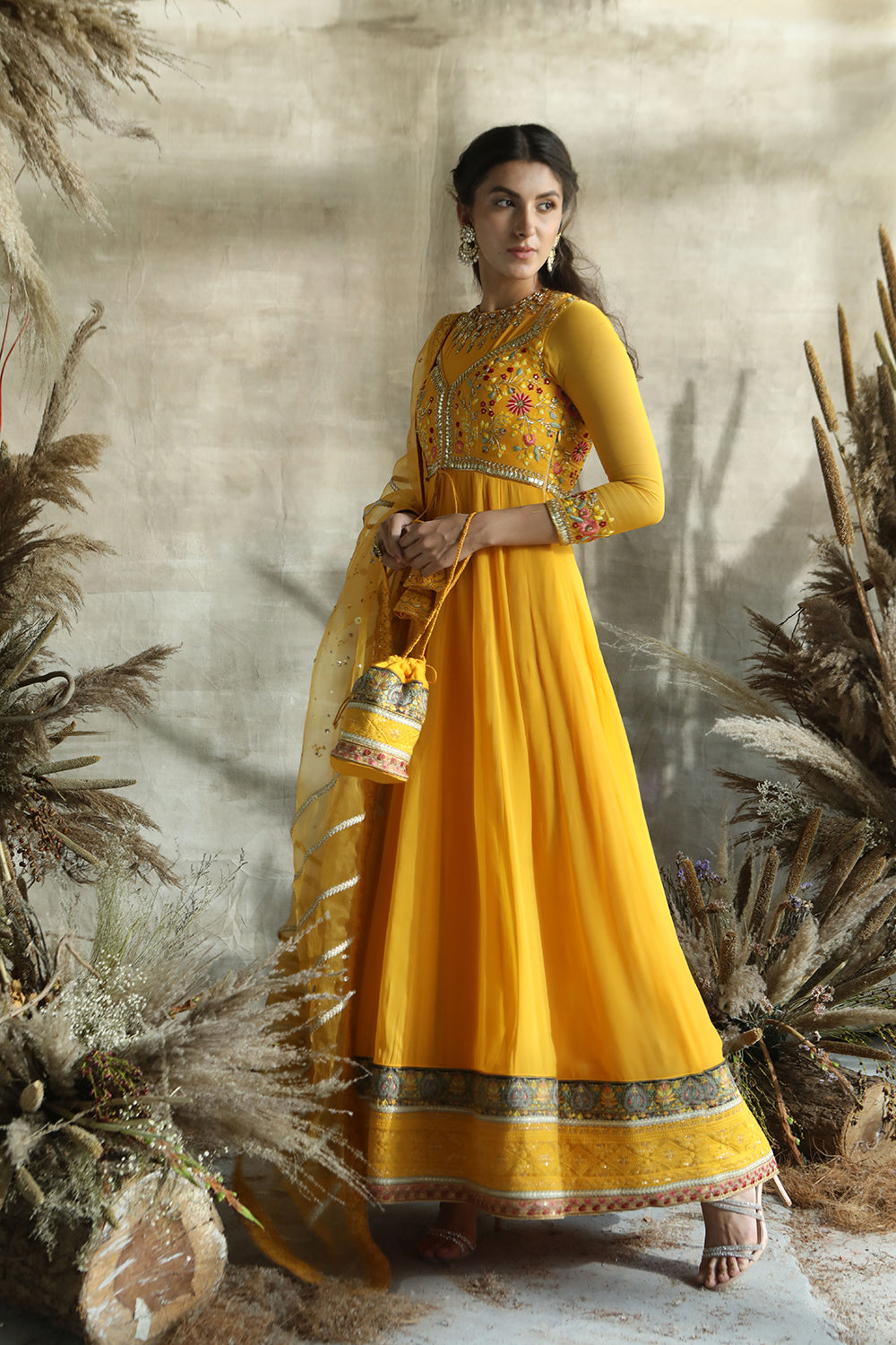 Yellow Anarkali Suit With Multicolored Thread Work,Potli And Dupatta