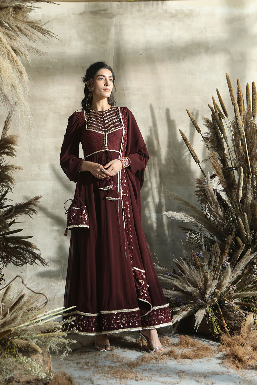 Wine Anarkali Suit With Lego Mutton Sleeve/Dupatta And Potli