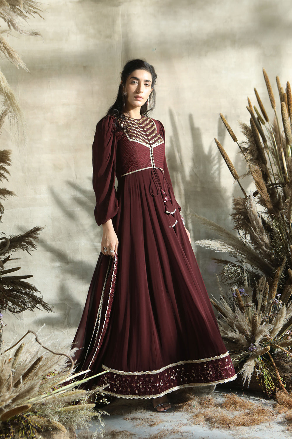 Wine Anarkali Suit With Lego Mutton Sleeve/Dupatta And Potli