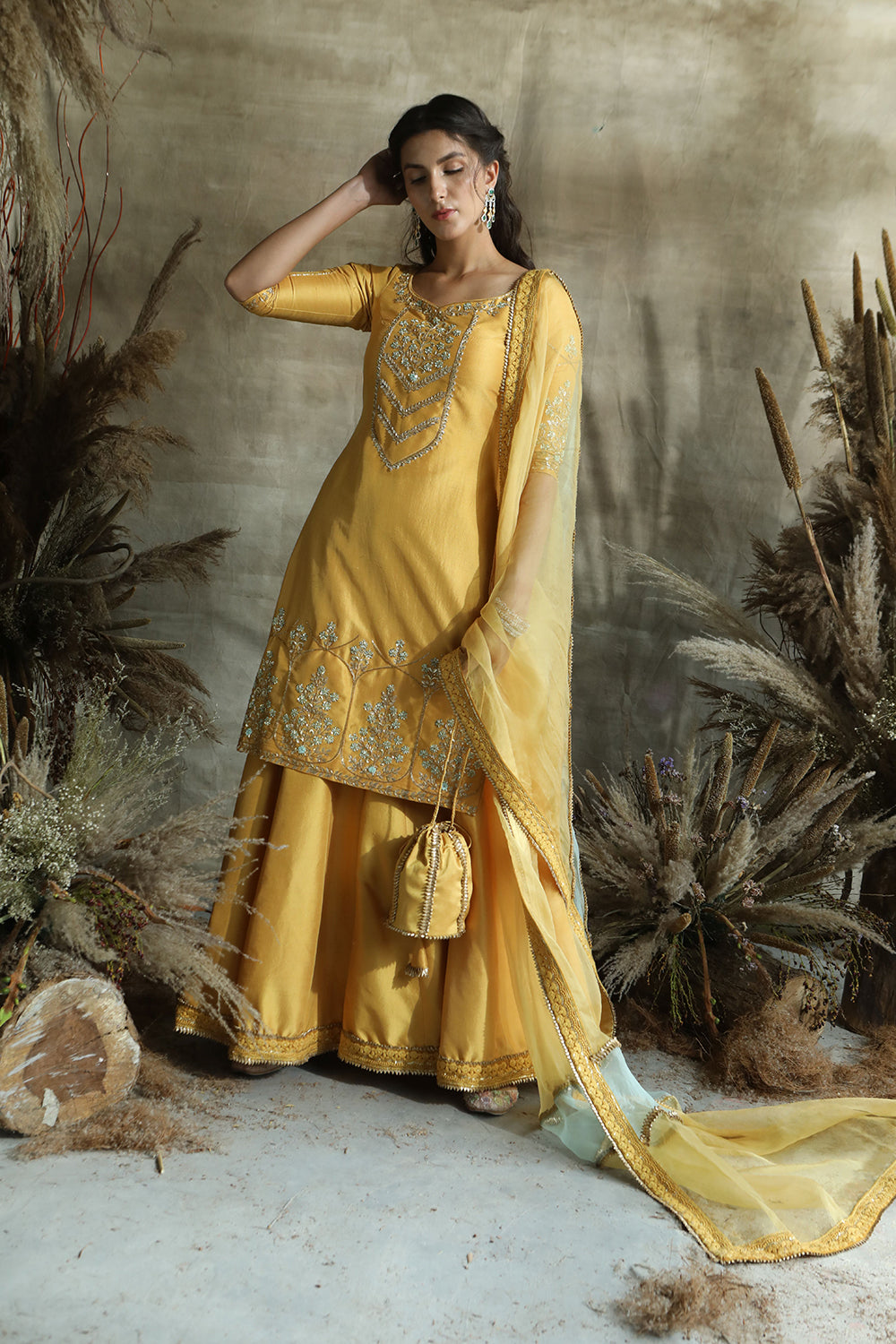 Yellow Straight Suit With Potli And Organza Dupatta