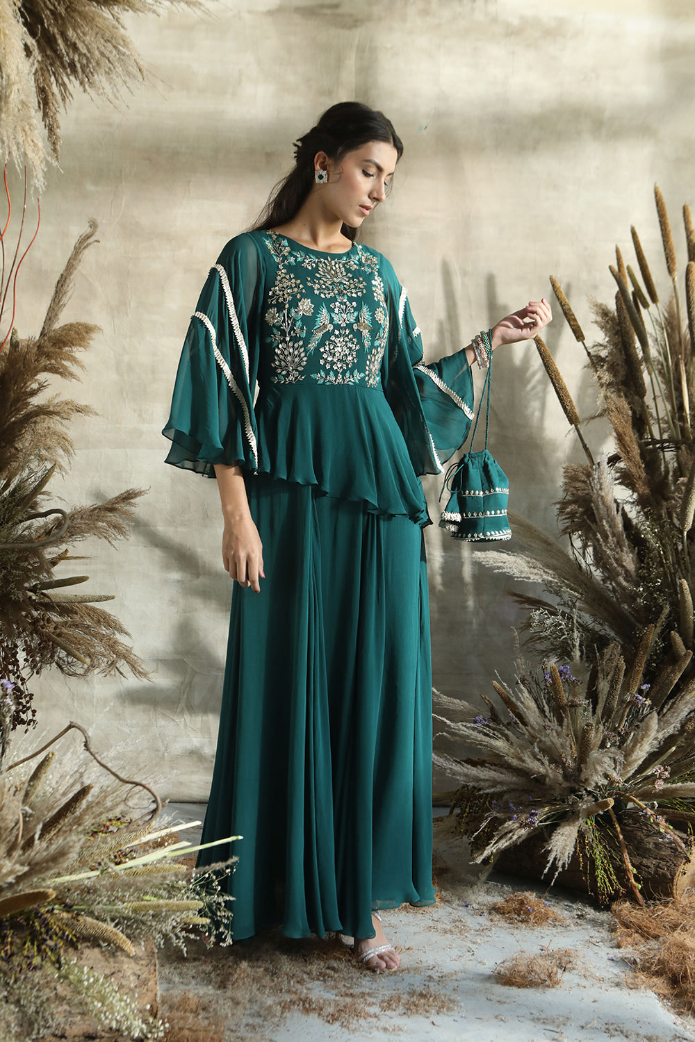 Bottle Green Peplum Dress With Potli And Dupatta - Auraya Fashion - Rachit Khanna - #tag1# - #tag2# - #tag3# - #tag3#