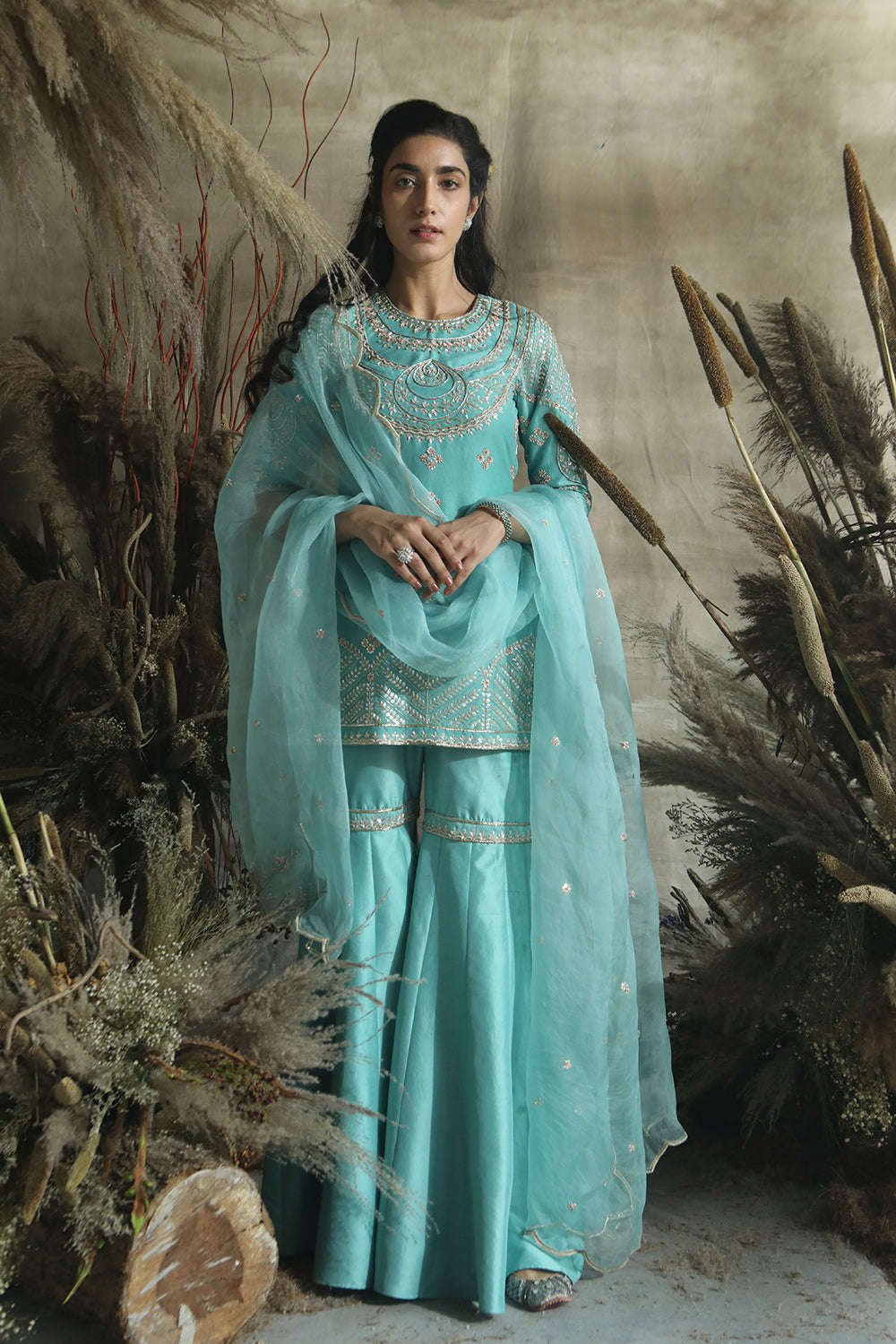 Dark Turquoise Dupian Silk Short Shirt With Garara/Organza Dupatta - Auraya Fashion - Rachit Khanna - #tag1# - #tag2# - #tag3# - #tag3#