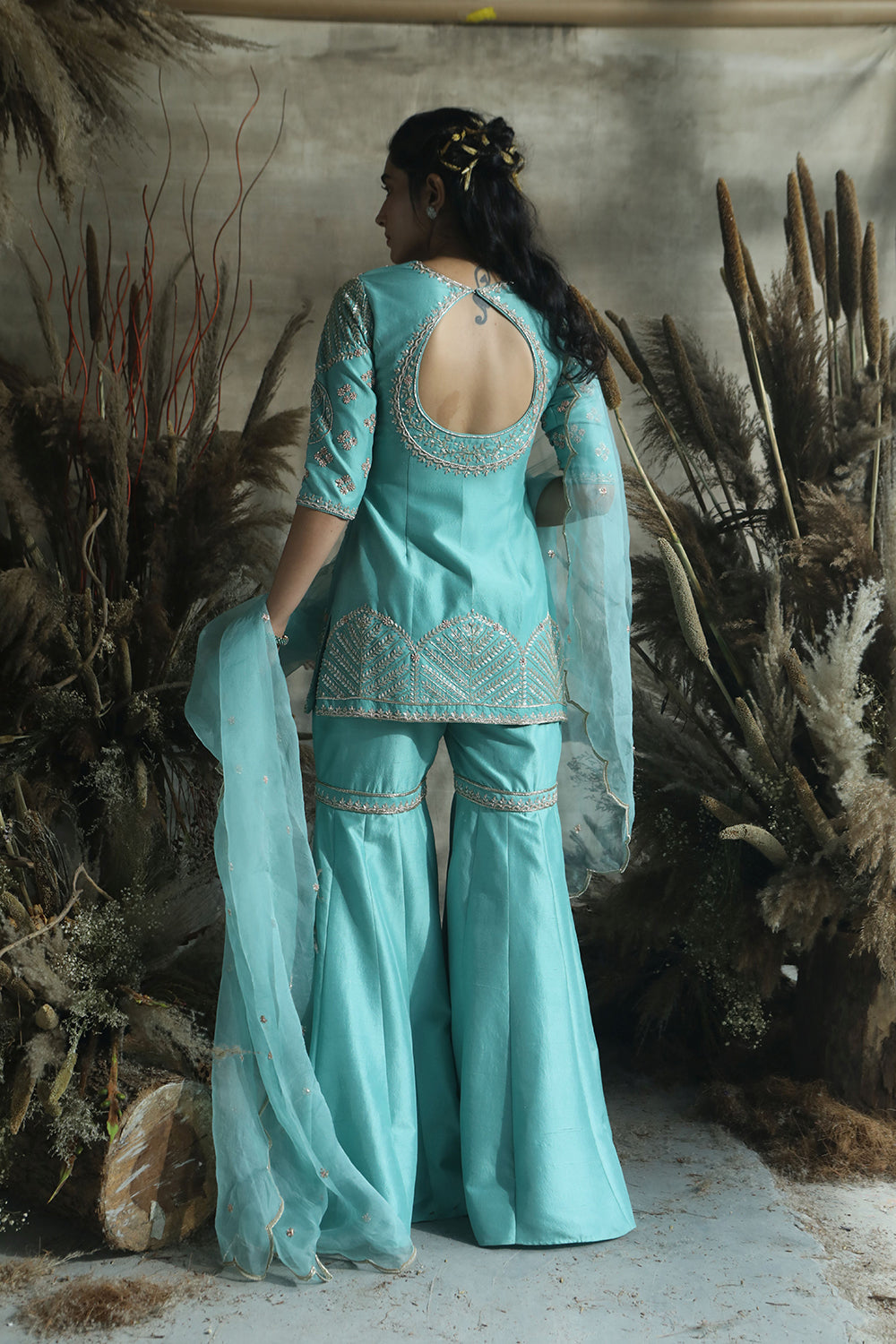 Dark Turquoise Dupian Silk Short Shirt With Garara/Organza Dupatta - Auraya Fashion -  - #tag1# - #tag2# - #tag3# - #tag3#