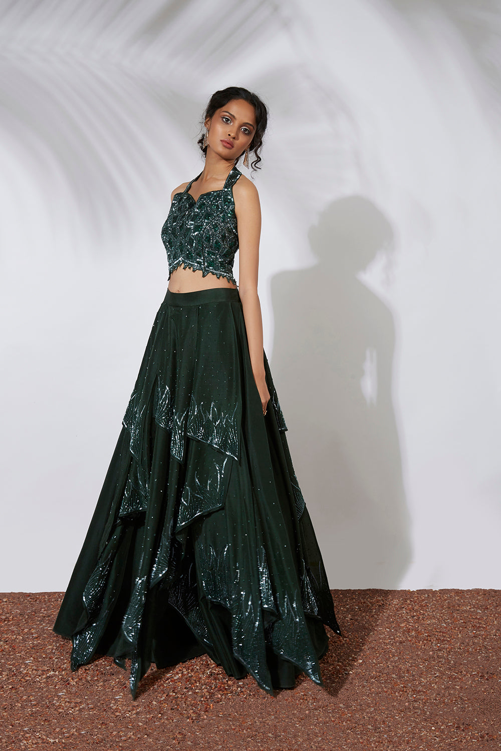 Forest Green 32 Panels Embroidered Lehenga Crop Top Set - Auraya Fashion -  - #tag1# - #tag2# - #tag3# - #tag3#