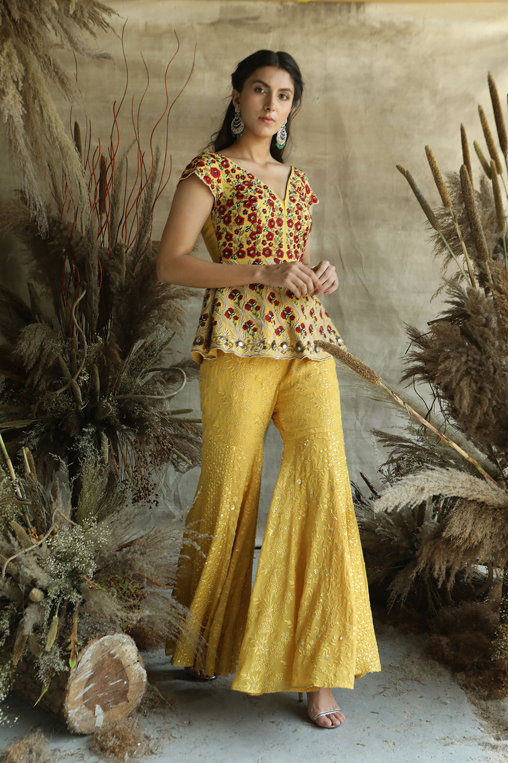 Yellow Handwork Peplum Shirt With Lakhnavi Garara