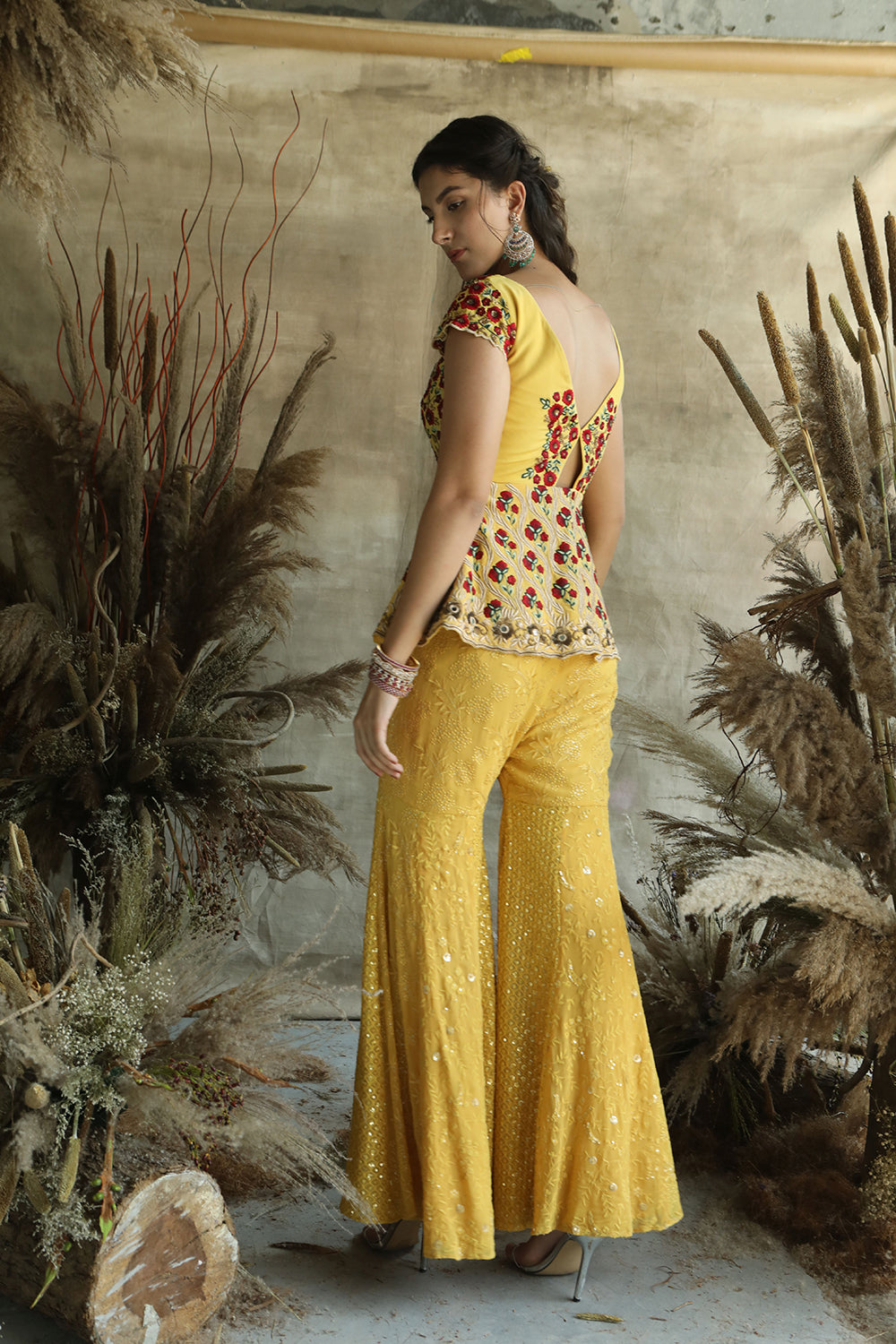 Yellow Handwork Peplum Shirt With Lakhnavi Garara