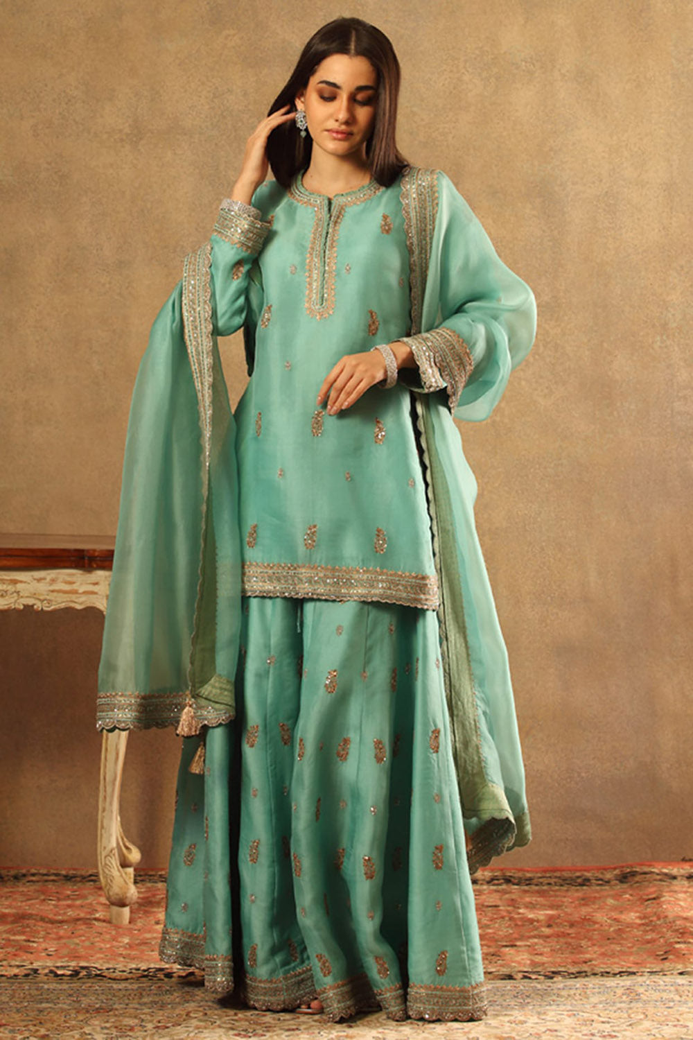 Embroidered Blue Pure Silk Organza Sharara Set - Auraya Fashion - Trisvaraa - #tag1# - #tag2# - #tag3# - #tag3#